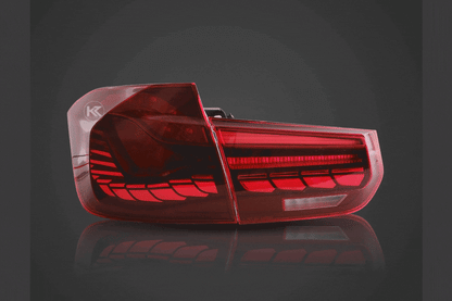 BMW 3-Series F30 F35 F80 GTS style OLED dynamic tail lights in red or smoked by K2 Industries, for 2012-2019 models.