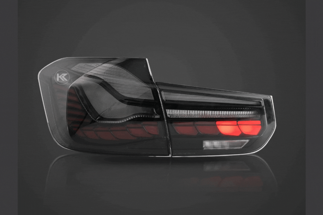 BMW 3-Series F30 F35 F80 GTS style tail lights with red or smoked OLED dynamic lighting from K2 Industries, 2012-2019.