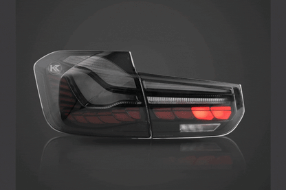 BMW 3-Series F30 F35 F80 GTS style tail lights with red or smoked OLED dynamic lighting from K2 Industries, 2012-2019.