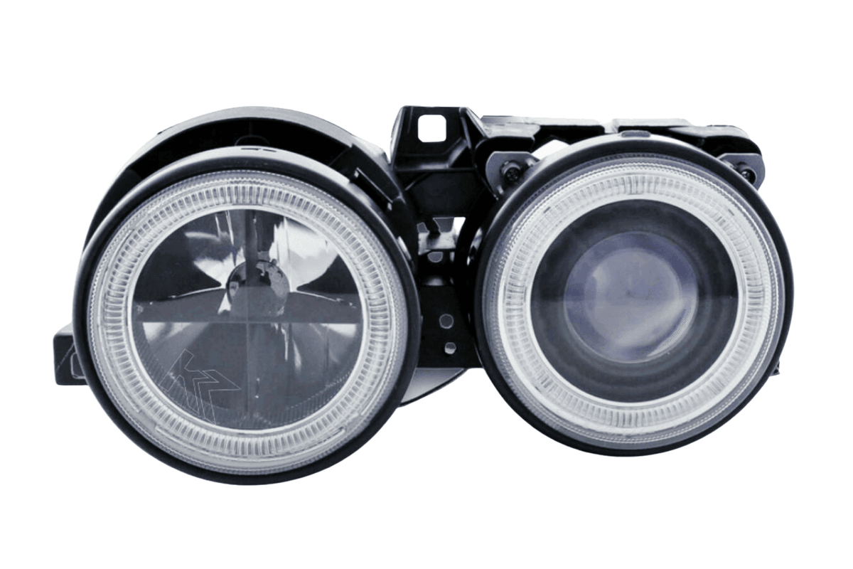 BMW 3-series E30 2/4 door black angel eyes headlight set by K2 Industries, compatible with 1987-1991 models.