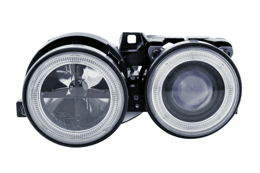 BMW 3-series E30 2/4 door black angel eyes headlight set by K2 Industries, compatible with 1987-1991 models.