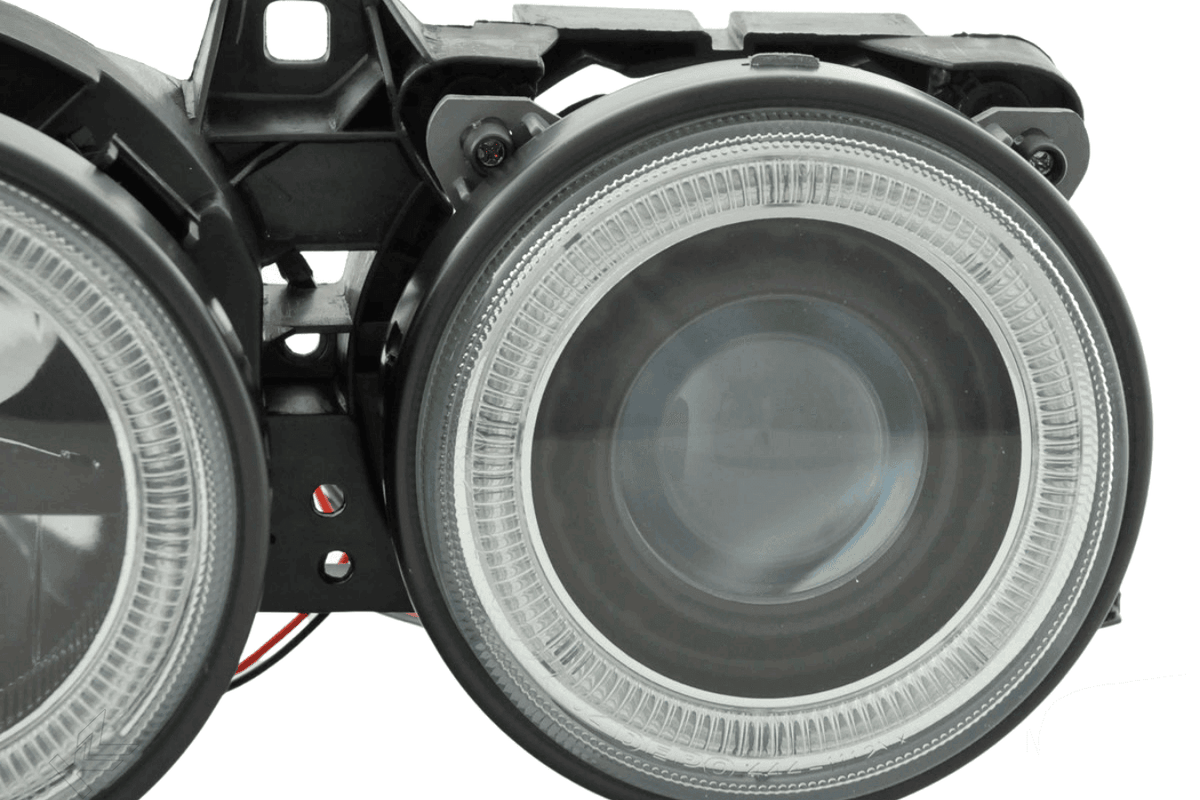 BMW 3-series E30 2/4 door Black Angel Eyes Headlight Set by K2 Industries, for models 1987-1991, with sleek black design and clear lenses.