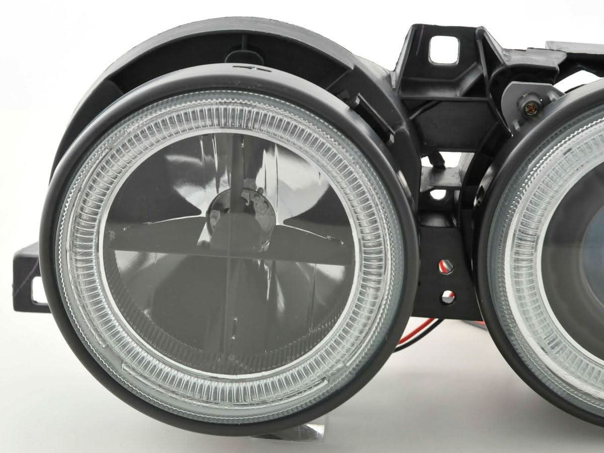 BMW 3-series E30 2/4 door black Angel Eyes headlight set by K2 Industries, designed for 1987-1991 models, close-up view.