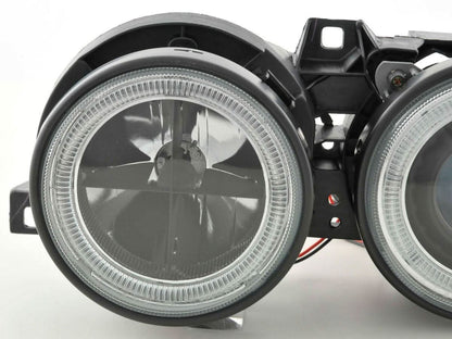 BMW 3-series E30 2/4 door black Angel Eyes headlight set by K2 Industries, designed for 1987-1991 models, close-up view.