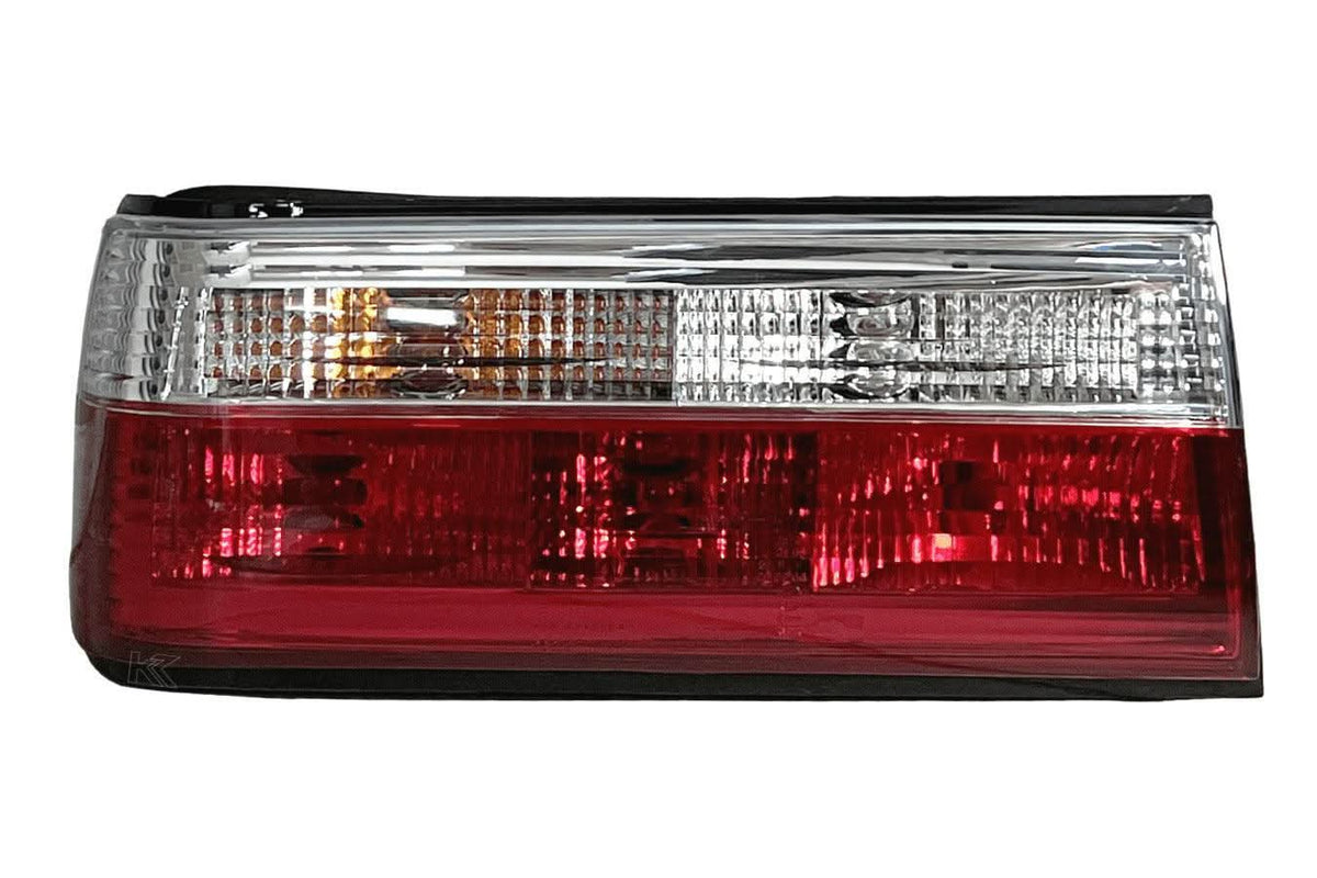 BMW 3-Series E30 facelift tail lights in red and clear, designed for 1988-1994 models by K2 Industries.