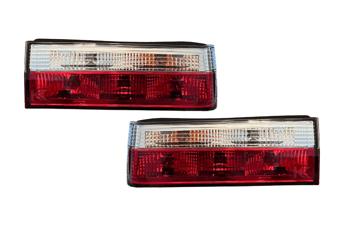 BMW 3-Series E30 facelift tail lights in red and clear for models 1988-1994, by K2 Industries, showing front view of the tail lights.