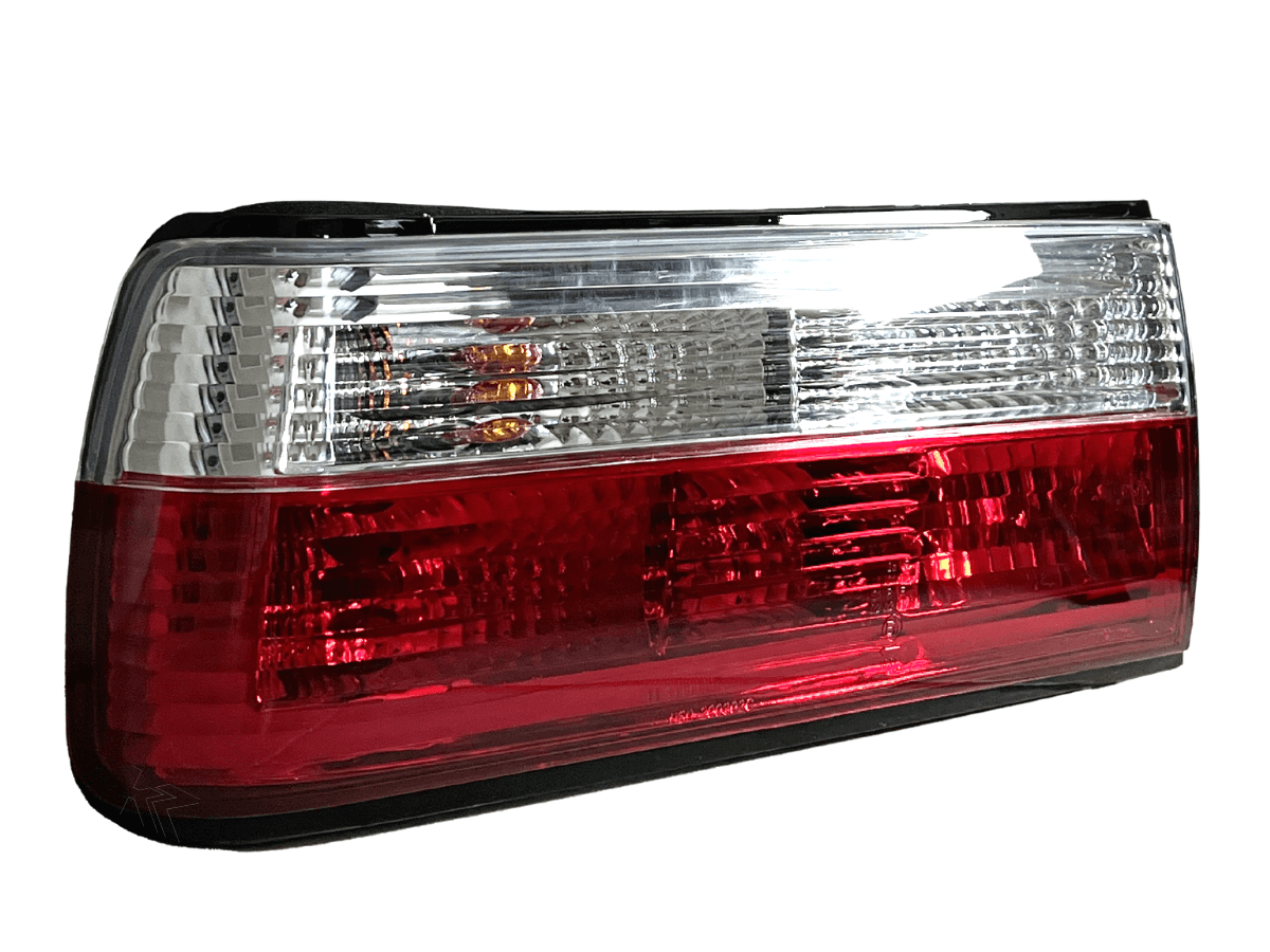 BMW 3-Series E30 facelift tail lights in red and clear, compatible with 1988-1994 models, by K2 Industries.