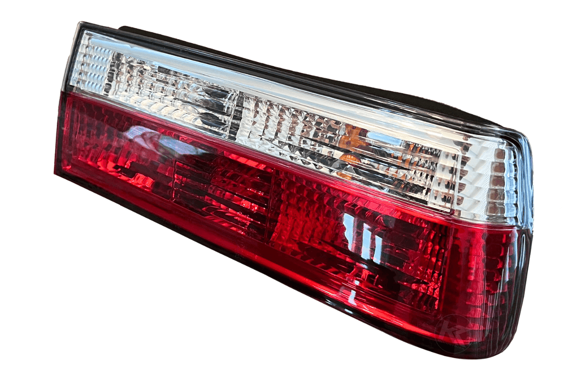 BMW 3-Series E30 facelift tail lights in red and clear from K2 Industries, designed for 1988-1994 models.