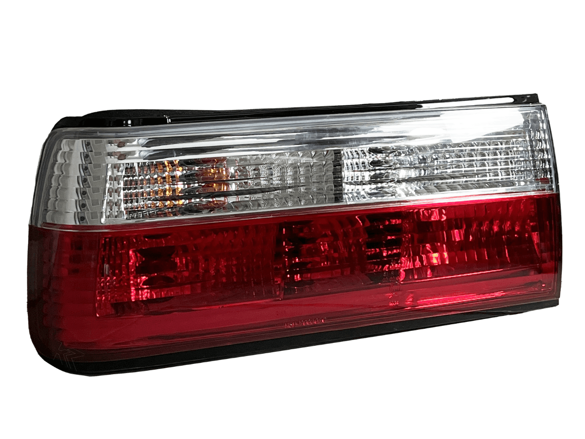 BMW 3-Series E30 facelift red and clear tail lights by K2 Industries, designed for models 1988-1994.