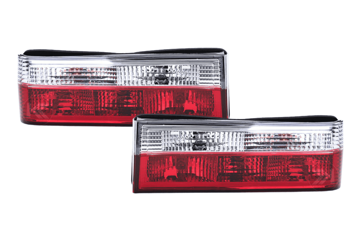 BMW 3-Series E30 pre-facelift tail lights in red and clear with K2 Industries branding, designed for 1982-1987 models.