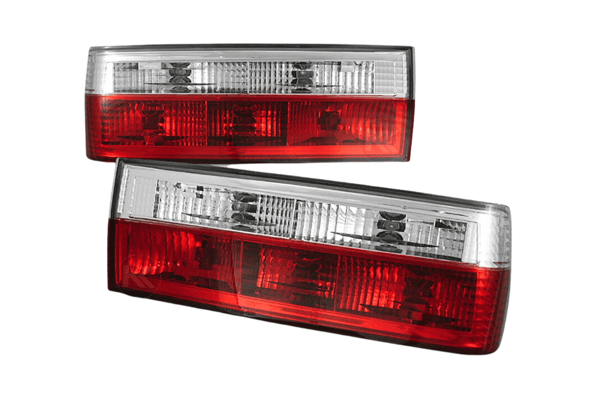 BMW 3-Series E30 pre-facelift tail lights in red and clear, manufactured by K2 Industries, for models 1982-1987.