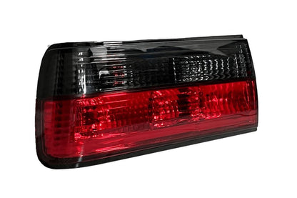 BMW 3-Series E30 facelift smoked red tail lights by K2 Industries, designed for 1988-1994 models, showing close-up of tail light assembly.