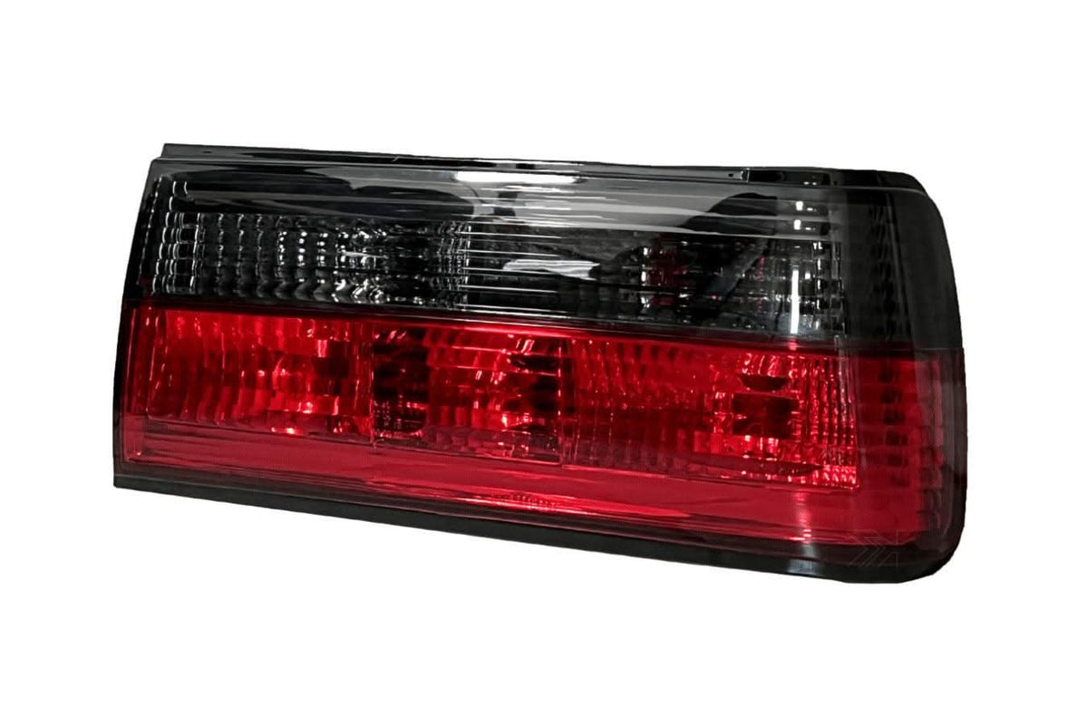 BMW 3-Series E30 facelift red smoked tail lights by K2 Industries, showcasing sleek, tinted rear lighting for model years 1988-1994.