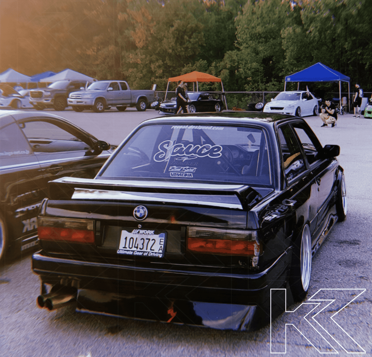 BMW 3-Series E30 facelift red smoked tail lights by K2 Industries, designed for models 1988-1994, showing the detailed tail light design.