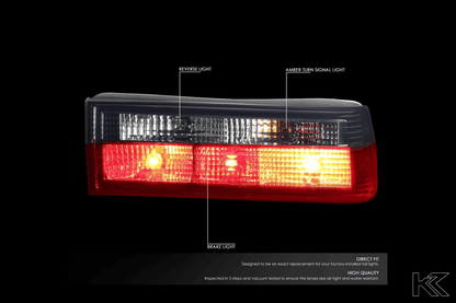 BMW 3-Series E30 red smoked tail lights for pre-facelift models, made by K2 Industries, showing the tail light assembly.