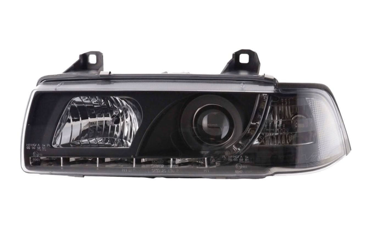 Black LED headlights with daytime running lights for BMW 3-series E36 Coupe, 1992-1999, by K2 Industries.
