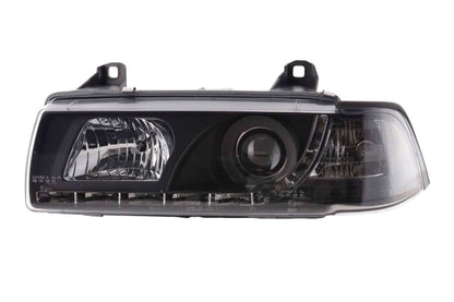Black LED headlights with daytime running lights for BMW 3-series E36 Coupe, 1992-1999, by K2 Industries.