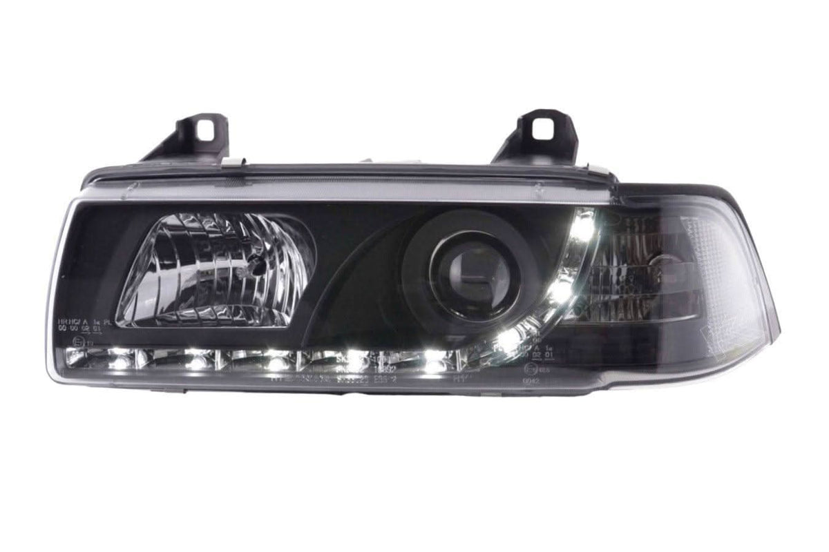 BMW 3-series E36 Coupe black LED headlights with daytime running lights by K2 Industries, fitted on 1992-1999 models.