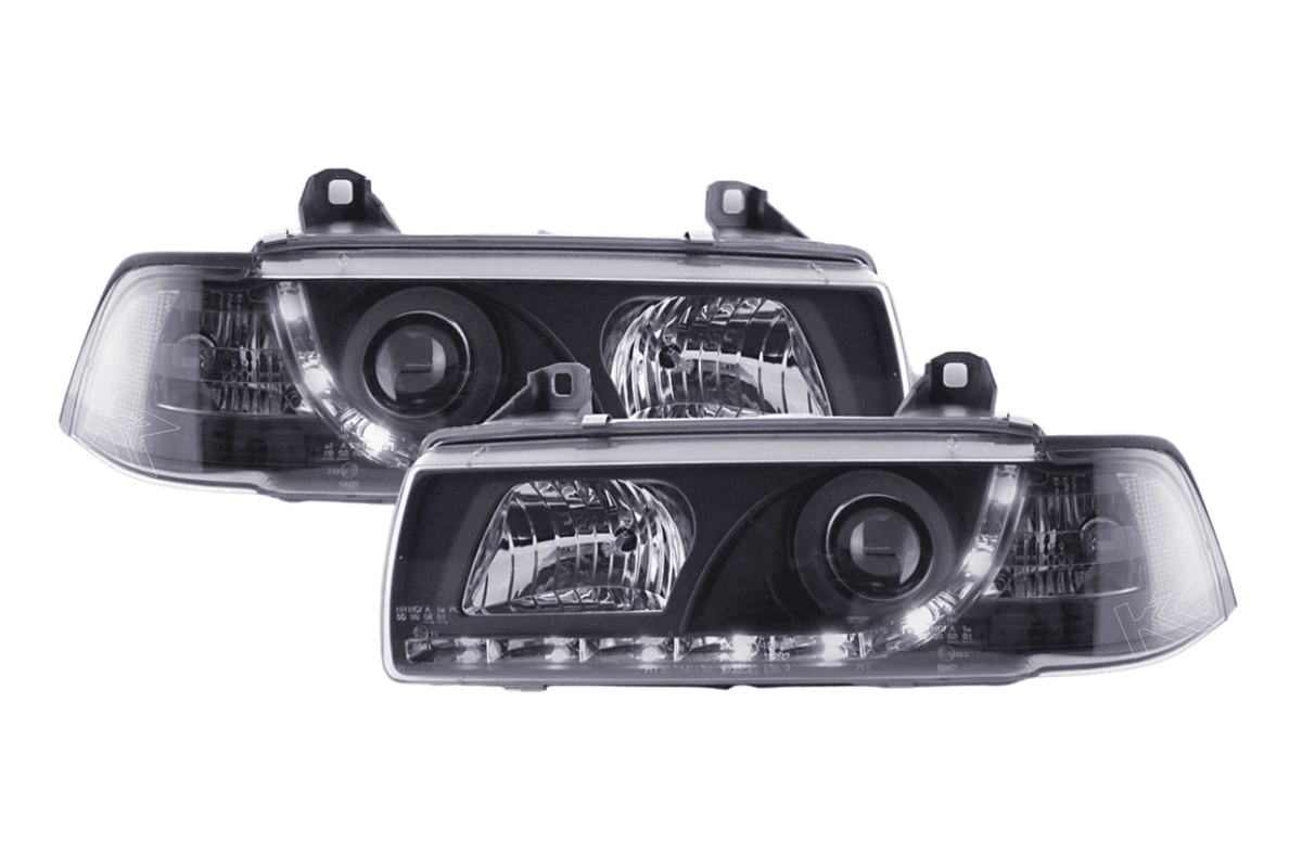 Black LED headlights with daytime running lights for BMW 3-series E36 coupe, 1992-1999, by K2 Industries.