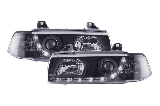 Black LED headlights with daytime running lights for BMW 3-series E36 coupe, 1992-1999, by K2 Industries.