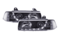 Black LED headlights with daytime running lights for BMW 3-series E36 coupe, 1992-1999, by K2 Industries.