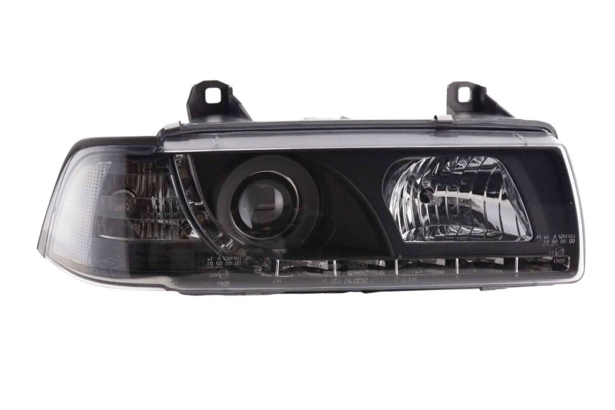 BMW 3-series E36 coupe black LED headlights with daytime running lights by K2 Industries, suitable for 1992-1999 models.