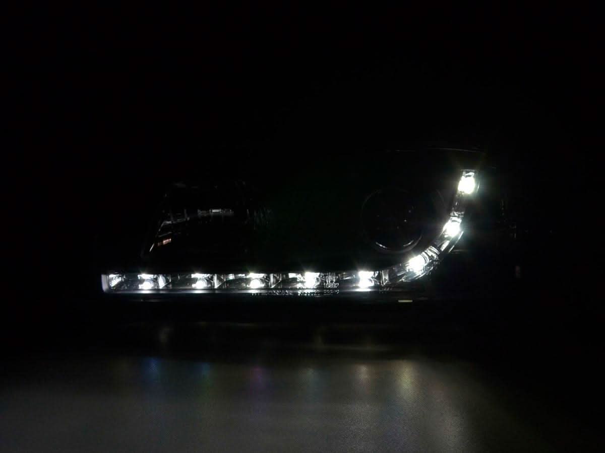 BMW 3-series E36 coupe black LED headlights with daytime running lights, compatible with 1992-1999 models, by K2 Industries.