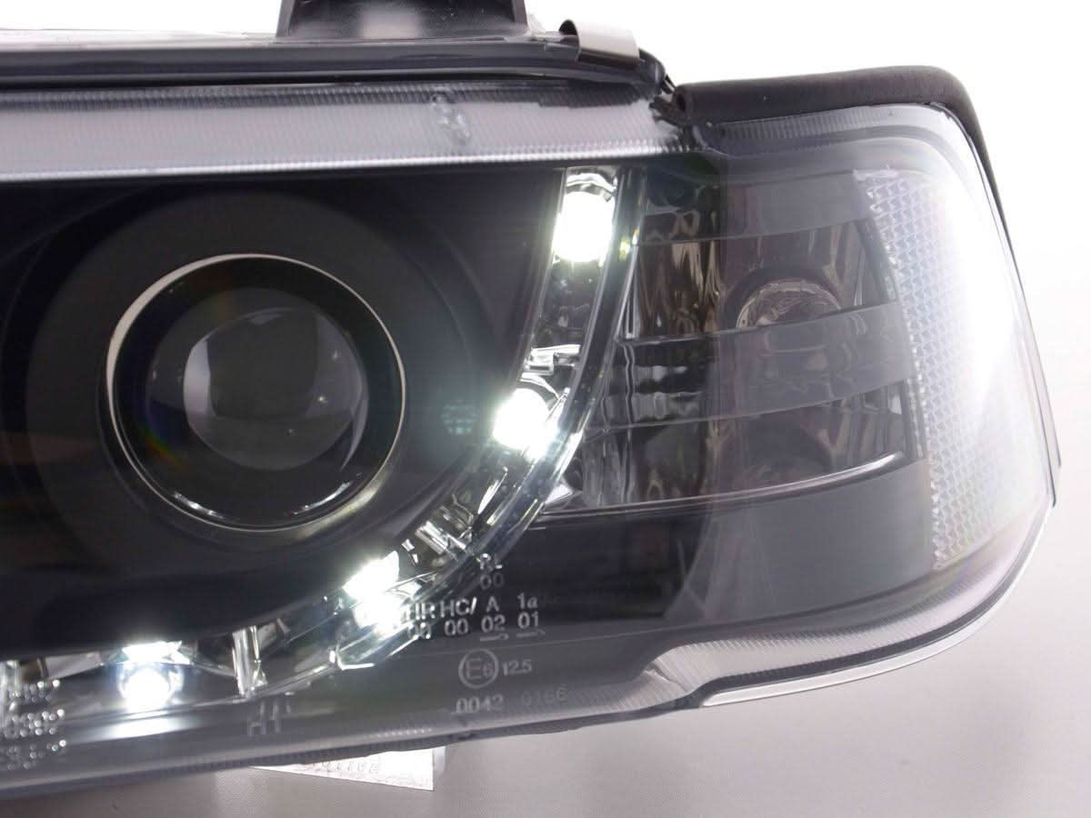 BMW 3-series E36 coupe black LED headlights with daytime running lights by K2 Industries, for models 1992-1999.