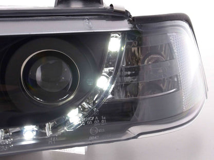 BMW 3-series E36 coupe black LED headlights with daytime running lights by K2 Industries, for models 1992-1999.