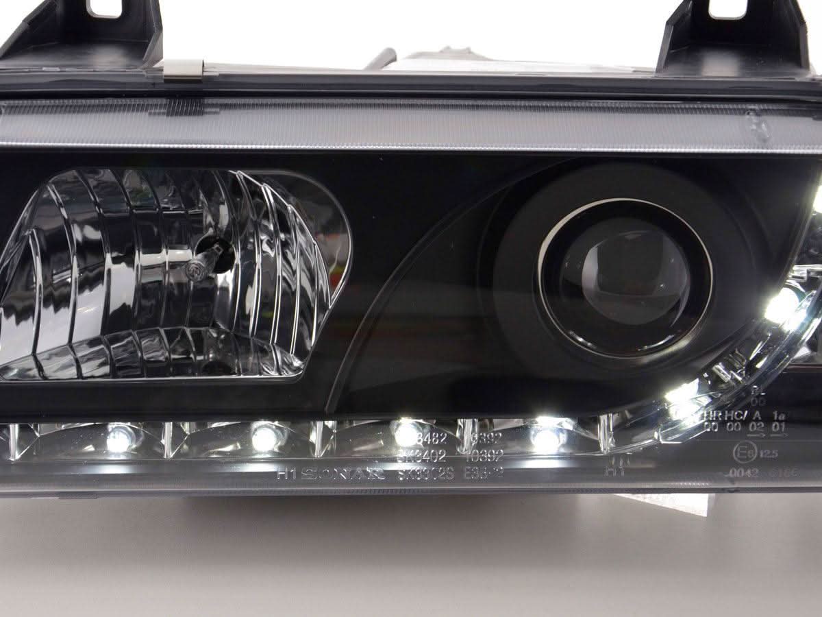 BMW 3-series E36 coupe black LED headlights with daytime running lights, designed for 1992-1999 models by K2 Industries
