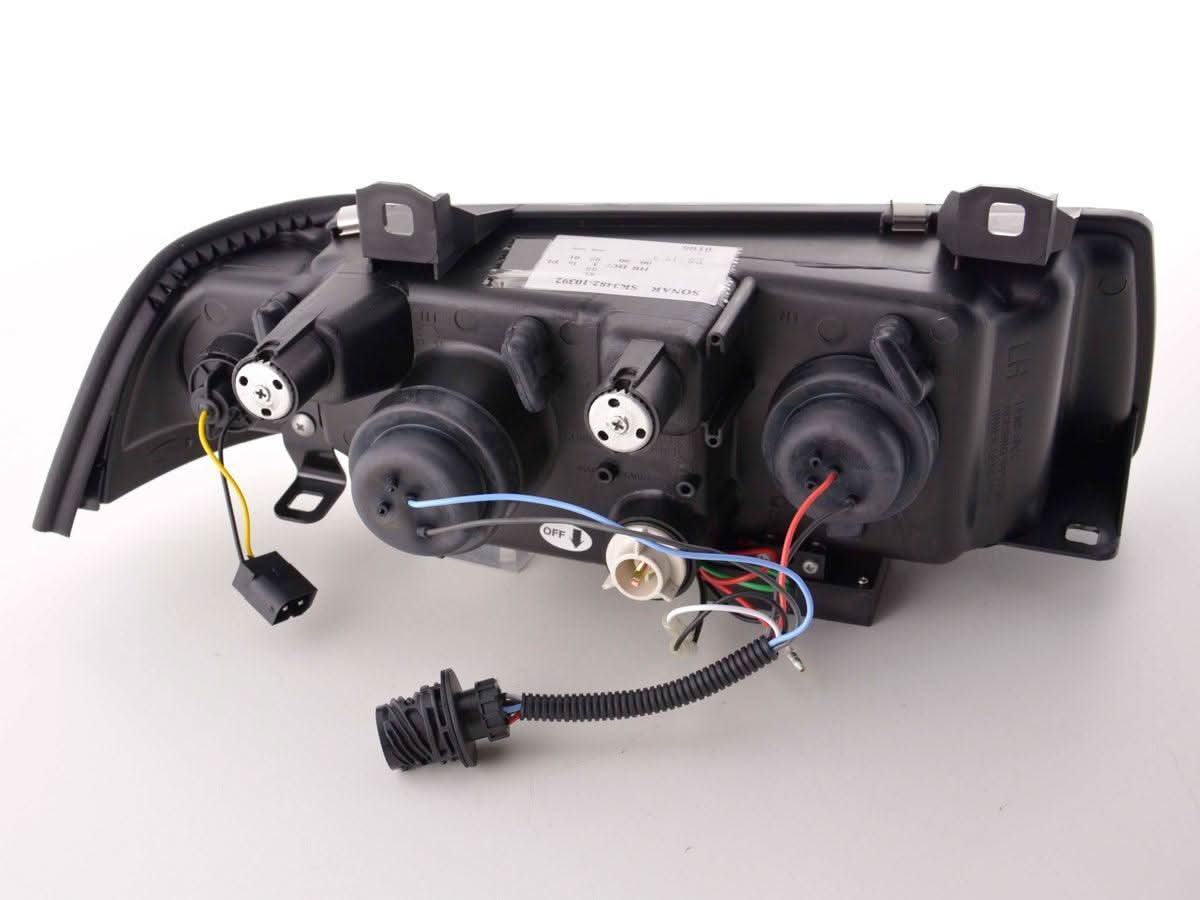Black LED headlights with daytime running lights for BMW 3-series E36 Coupe, 1992-1999, by K2 Industries.