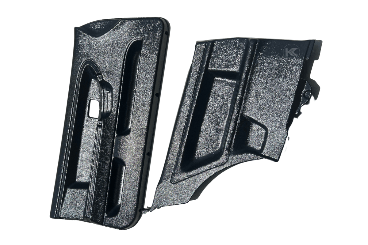 BMW 3-Series E36 coupe door cards upgrade kit, lightweight ABS plastic by K2 Industries, showing sleek interior door panel details.