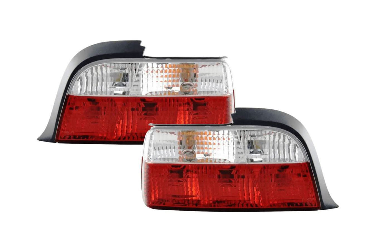 BMW 3 Series E36 coupe JDM style tail lights by K2 Industries, featuring clear lenses and red and amber sections for a sporty look.