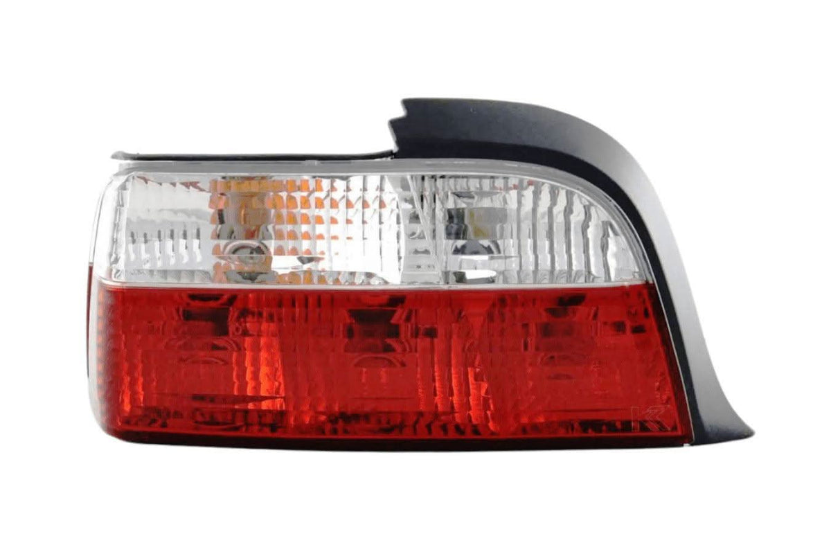 BMW 3 Series E36 Coupe JDM Style Tail Lights by K2 Industries, rear view showing sleek design and clear lens details.