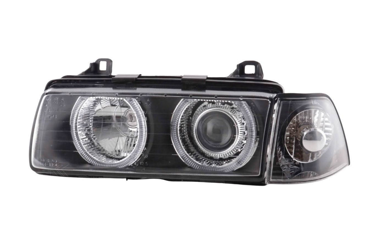 BMW 3-series E36 coupe/convertible black angel eye headlights by K2 Industries, 1992-1998, with sleek design and clear lens.