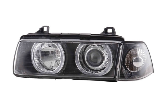 BMW 3-series E36 coupe/convertible black angel eye headlights by K2 Industries, 1992-1998, with sleek design and clear lens.