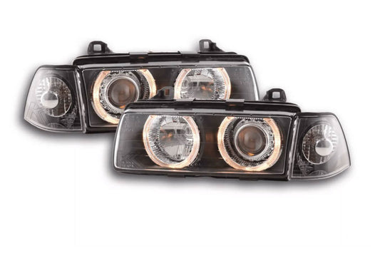 Black angel eye headlights for BMW 3-series E36 coupe and convertible from K2 Industries, 1992-1998 model year.