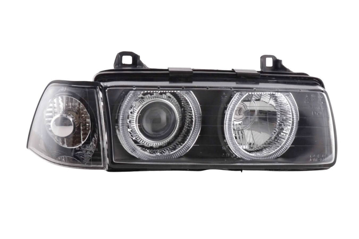 BMW 3-series E36 coupe and convertible Black Angel Eye headlights by K2 Industries, for models 1992-1998, with modern styling.