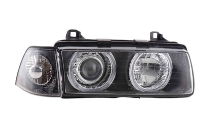 BMW 3-series E36 coupe and convertible Black Angel Eye headlights by K2 Industries, for models 1992-1998, with modern styling.