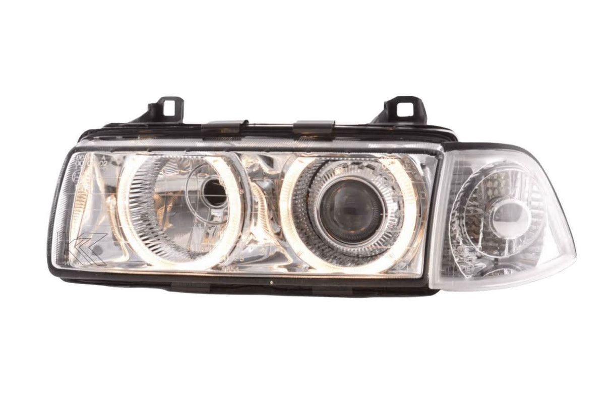 BMW 3-series E36 coupe/convertible chrome Xenon angel eyes headlights by K2 Industries, 1992-1998, showing close-up of headlight design