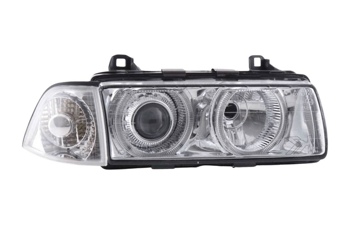BMW 3-series E36 coupe and convertible chrome Xenon angel eyes headlights by K2 Industries, 1992-1998.