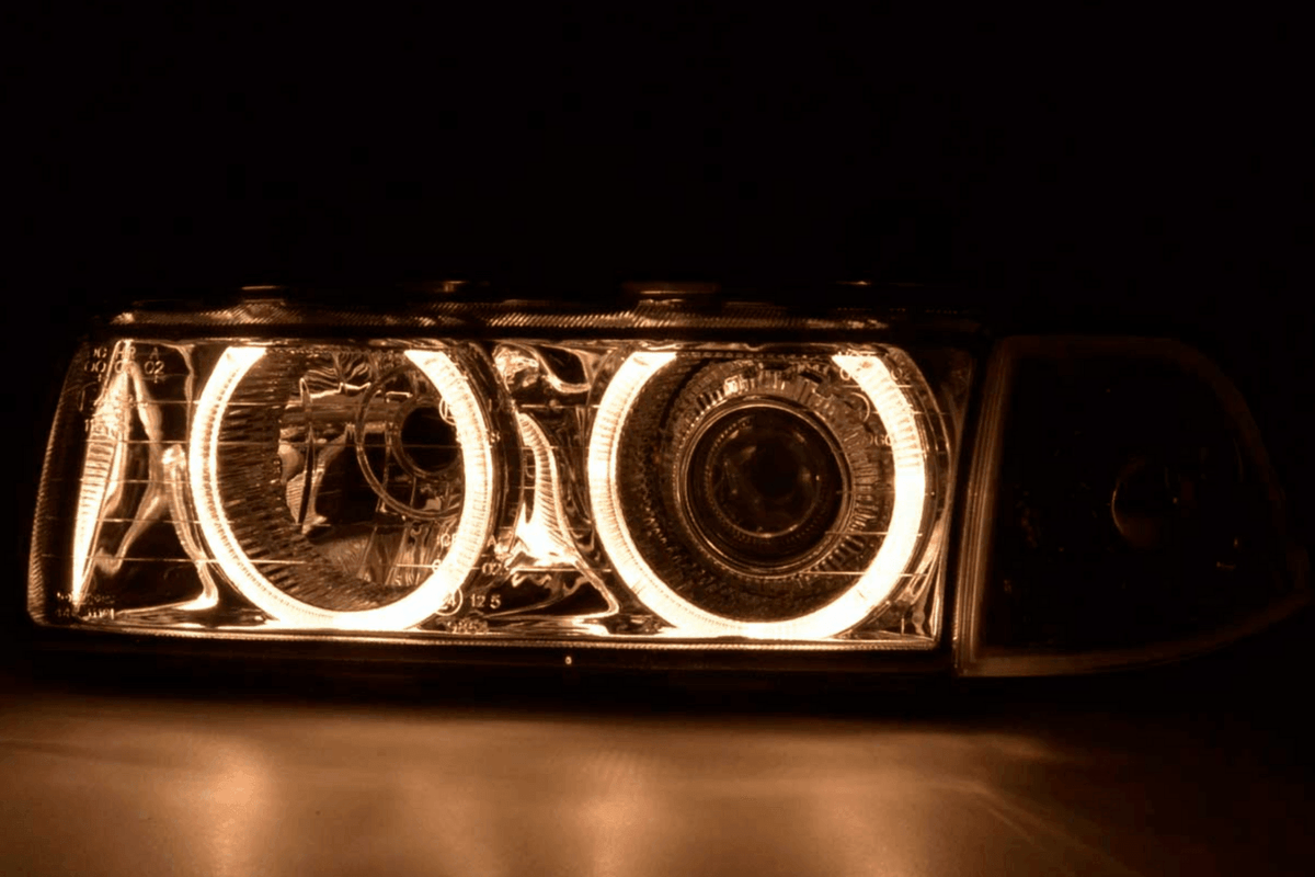 BMW 3-series E36 coupe/convertible chrome Xenon angel eyes headlights by K2 Industries, for 1992-1998 models.