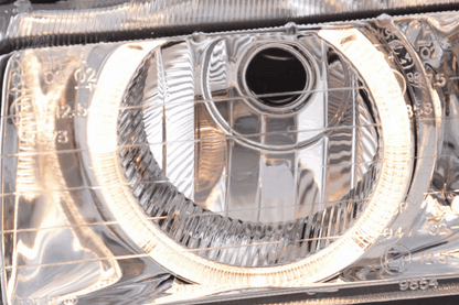 BMW 3-series E36 coupe and convertible chrome Xenon angel eyes headlights by K2 Industries, 1992-1998, with sleek design and bright illumination.