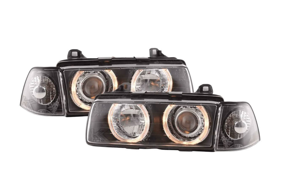 BMW 3 Series E36 sedan LED headlights with black angel eyes by K2 Industries, featuring sleek design for 1992-1998 models.