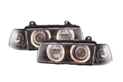 BMW 3 Series E36 sedan LED headlights with black angel eyes by K2 Industries, featuring sleek design for 1992-1998 models.