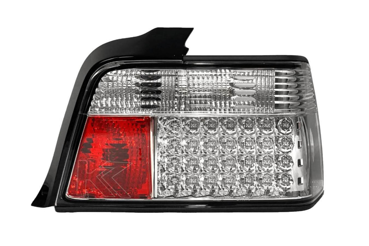 BMW 3-series E36 Sedan chrome clear LED taillights set by K2 Industries, for 1991-1998 model with modern LED design.