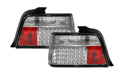 BMW 3-series E36 sedan chrome clear LED taillights set by K2 Industries, featuring sleek design and bright illumination.