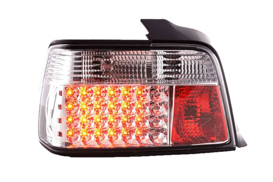 BMW 3-series E36 sedan chrome clear LED tail lights set by K2 Industries, compatible with 1991-1998 models, showing the tail light design.