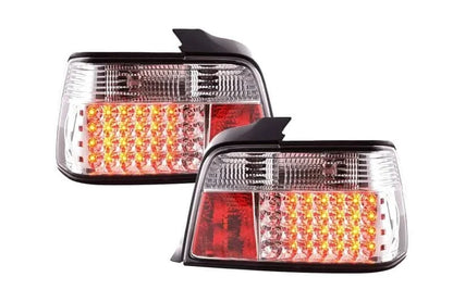 BMW 3-series E36 Sedan chrome clear LED taillights set by K2 Industries, for 1991-1998 model years, showing front and side views