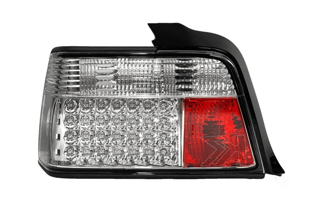 BMW 3-Series E36 sedan chrome clear LED taillights set by K2 Industries, showing the sleek tail light design for 1991-1998 models.